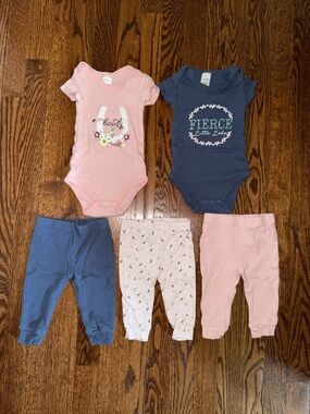 Girls Pink & Navy Matching Set - 5-Piece Bodysuit and Pants Outfit